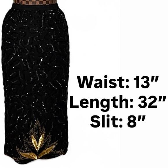 Vintage 80s Black Sequin Gold Leaf Beaded Midi Skirt Glam Cocktail Evening Small - Picture 10 of 11